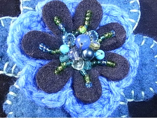 Blue wool felt & crochet flower beaded corsage